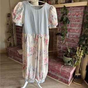 Vintage Blue and White Jumpsuit with Puff Sleeves